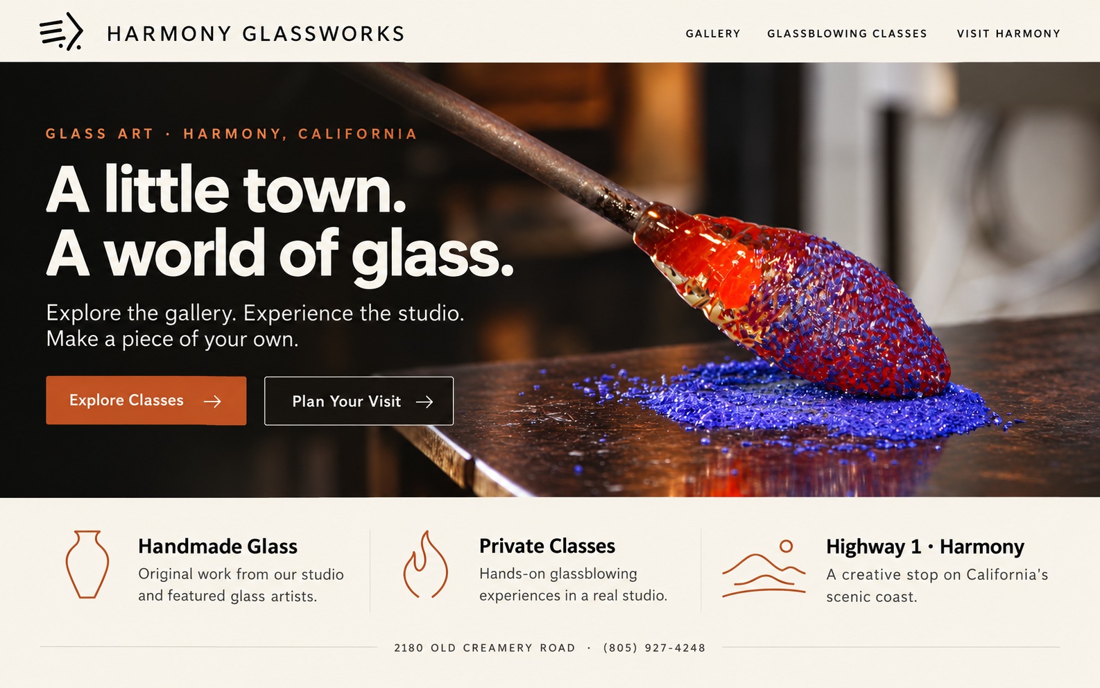 Proposed Harmony Glassworks homepage preview